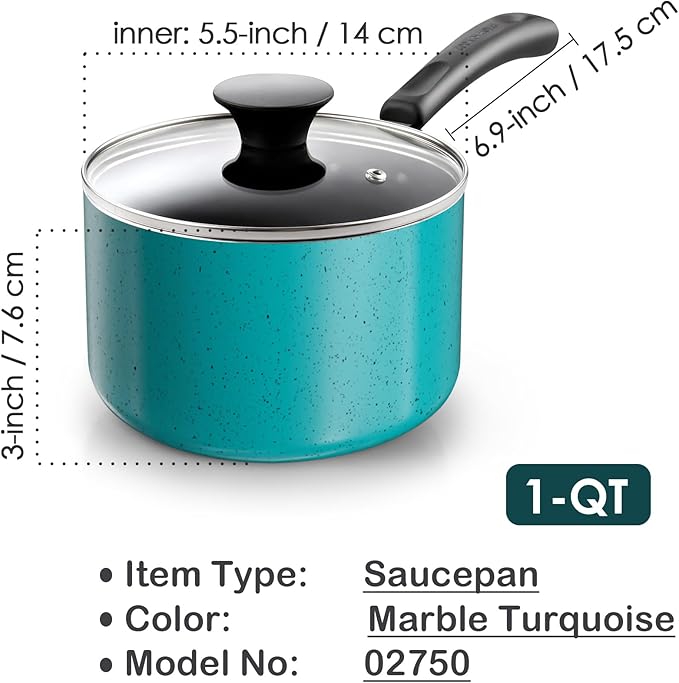 Cook N Home Non Stick Sauce Pan, 1 Quart Saucepan with Glass Lid, Nonstick Small Multi-purpose Pot, Milk Chocolate Aluminum Cooking Pot Pan with Stay-Cool Handle, Turquoise
