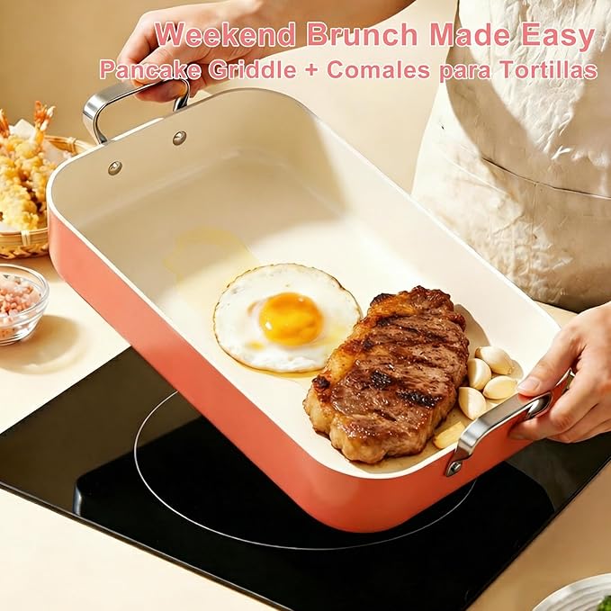 Double Burner griddle Pan,griddle pan for stove top & Oven,15.6x10.8 Ceramic Nonstick stovetop griddle,PFAS-Free,Induction Ready,Stainless Handles,Oven Safe 428°F,4.8QT，Terracotta Red