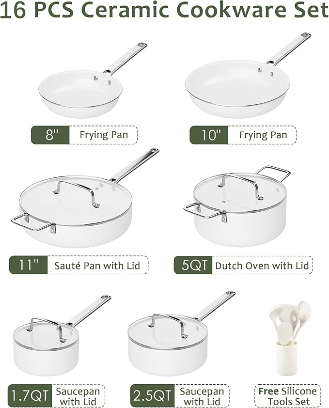 Ceramic Cookware Set - Nonstick Kitchen Pots and Pans Set, Induction Cookware Sets with Cooking Utensils Set, Non Toxic Cookware Set, Non Stick Pan Set for Cooking Pot, Oven & Dishwasher Safe, Gift