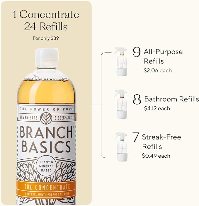 Branch Basics Cleaning Essentials Kit: All Purpose, Glass and Bathroom Cleaner - Concentrate (33.8 Oz) (24 Refills) + Refillable Glass Spray Bottles (16 Oz) Plant Based, Human-Safe, & Fragrance Free