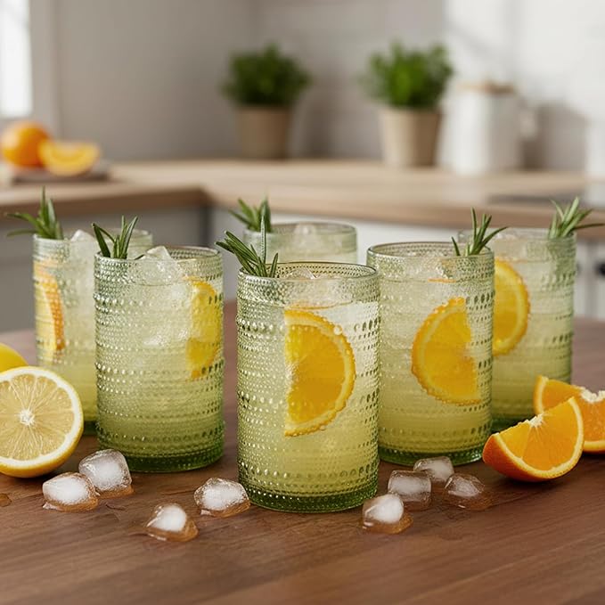Moretoes Vintage Hobnail Drinking Glasses Set of 6, 15oz Highball Glass Cups, Kitchen Drinkware Glassware,Embossed Water Tumbler,for Beer,Cocktail,Whiskey,Juice and Various Mixed Drinks(Green)