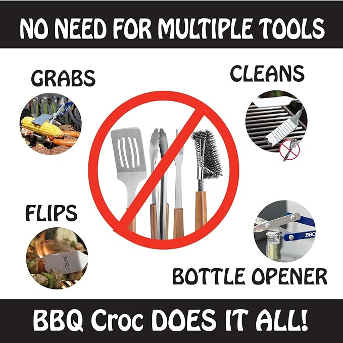 BBQ Croc 3-in-1 Barbecue Tool 18-inch + 15-inch 2-Pack - Extra Light and Long Tongs, Spatula and Grill Scraper (Blue) (18 inch + 15 inch)