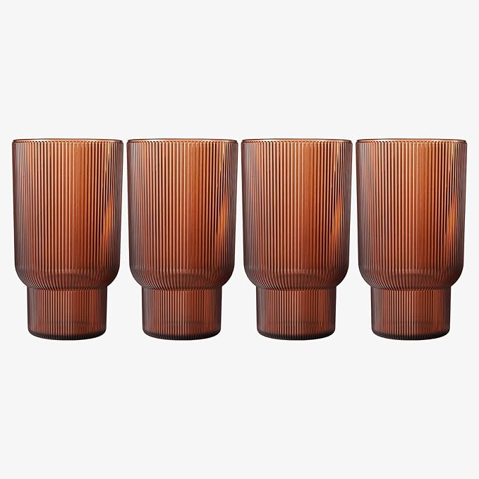 Shatterproof Acrylic Tall Drinking Glasses Set, European Style, Dishwasher Safe, Ribbed | Set of 4 | Fluted Tritan, Unbreakable BPA-free Plastic, Reusable Stackable Glassware 14.5oz - Burnt Orange