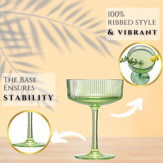Khen Shatterproof Acrylic Ribbed Vintage Art Deco Martini, Champagne & Cocktail Spring & Summer Bright Pastel Colors Plastic Coupe Glasses | 8 Set | 8oz Ripple Classic Indoor & Outdoor, European Style