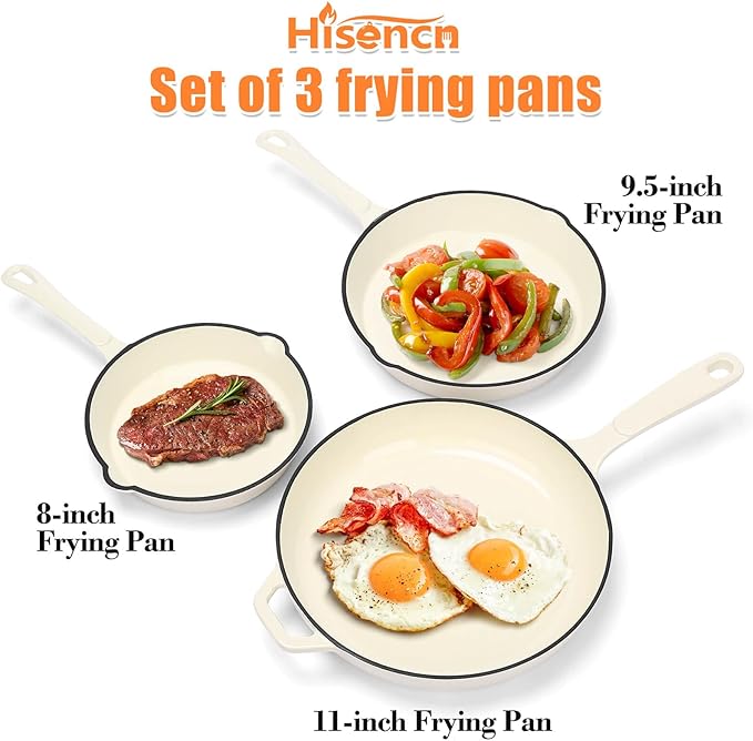 Hisencn Enameled Cast Iron Skillet Set - 3-Piece Fry Pans (8",9.5",11"), PFAS/PTFE/PFOA-Free, Oven & Induction Safe, Cream White Cookware for Gas, Electric, Ceramic Stovetops