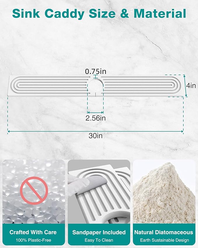 Stone Faucet Mat for Kitchen Sink, Diatomite Sink Protectors - Prevent Moisture Drying Stone Tray Fit Kitchen Counter & Bathroom Counter (White, 30"L x 4"W)
