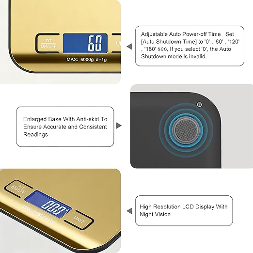 Digital Shipping Scale,Stainless Steel Panel, Accurate Portable Postal Scale for Packages, Small Business,Kitchen, Food, Handmade, Liquids, and Boutique (Mirror Gold Battery(5kg/1g))