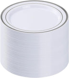 BESTVIP 100PCS Silver Plastic Plates, 10.25 Inch Disposable Dinner Plate Party with Silver Rim for Christmas, Thanksgiving, Heavy Duty Disposable Plastic Plates for Party, Wedding and Birthday, Events