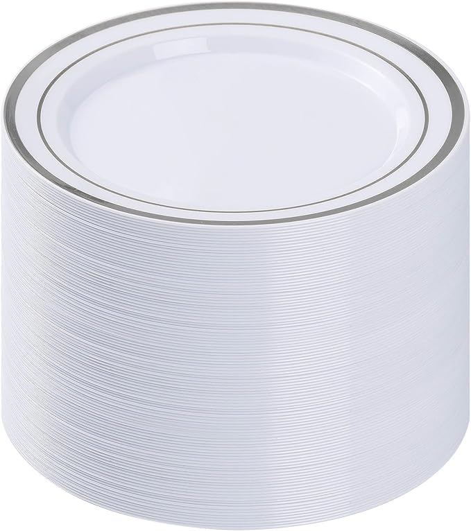 BESTVIP 100PCS Silver Plastic Plates, 10.25 Inch Disposable Dinner Plate Party with Silver Rim for Christmas, Thanksgiving, Heavy Duty Disposable Plastic Plates for Party, Wedding and Birthday, Events