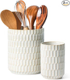 Utensil Holder, 7.5"+5.3" Ceramic Kitchen Utensil Holder for Countertop, Large Cooking Utensil Crock for Kitchen Counter, Set of 2, Beige