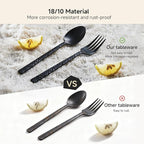 KINGSTONE 24 Pcs Black Hammered Silverware Set with Steak Knives for 4, 18/10 Stainless Steel Heavy Duty Flatware Set, Tableware Cutlery Utensil Sets for Home Restaurant Dishwasher Safe