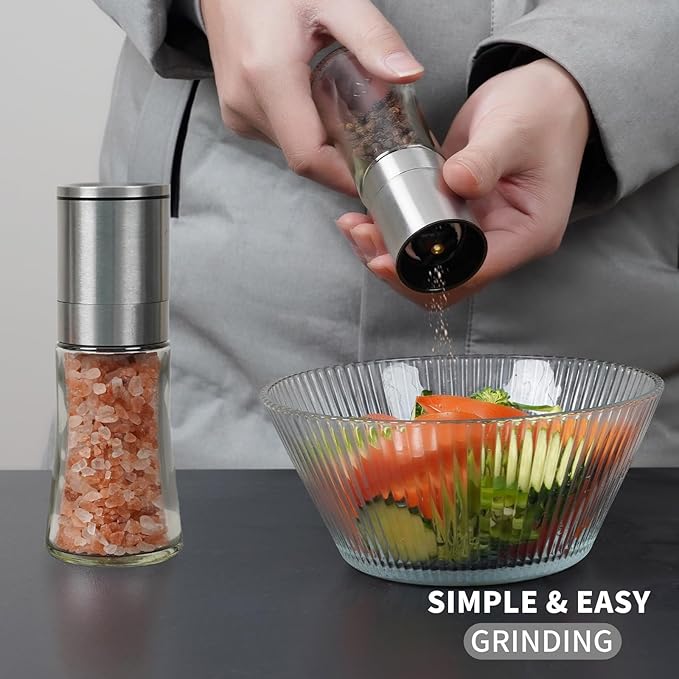Salt and Pepper Grinder Set of 2 - Adjustable Sea Salt Grinder, Pepper Mill Grinder, Salt and Pepper Shakers - Small Salt and Pepper Grinder Set with Stainless Steel Cap and Glass Container