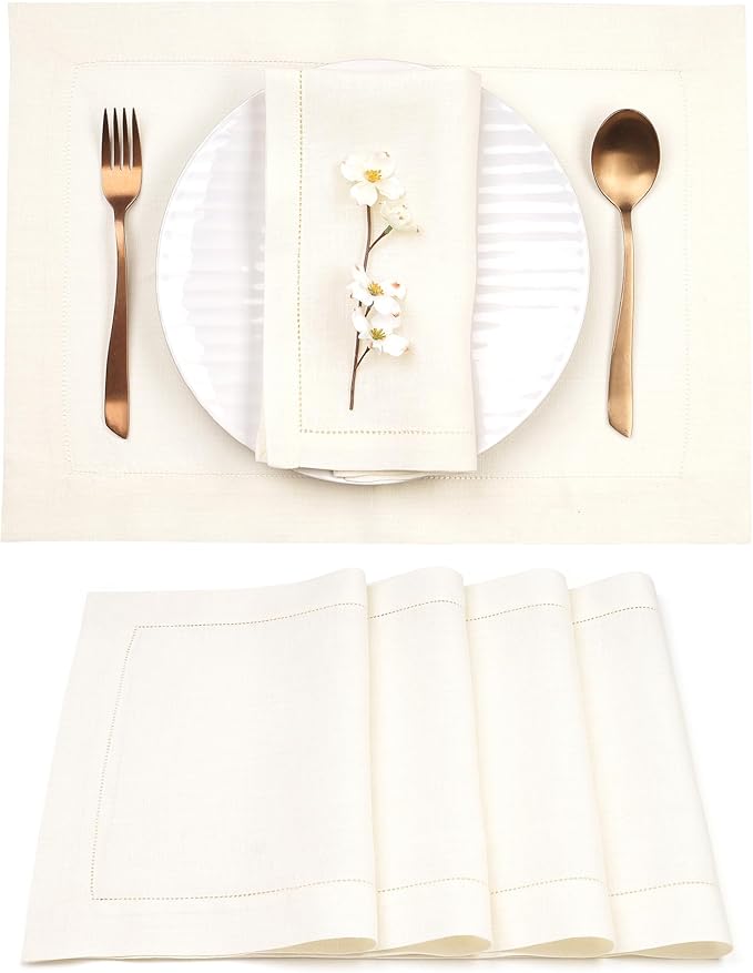 D'Moksha Homes Linen Placemats Set of 4 - Classic Hemstitch Ivory Placemats 14 x 19 Inch - 100% Pure Linen Table Mats for Valentines, Holiday, New Year - Handcrafted and Machine Washable