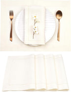D'Moksha Homes Linen Placemats Set of 4 - Classic Hemstitch Ivory Placemats 14 x 19 Inch - 100% Pure Linen Table Mats for Valentines, Holiday, New Year - Handcrafted and Machine Washable
