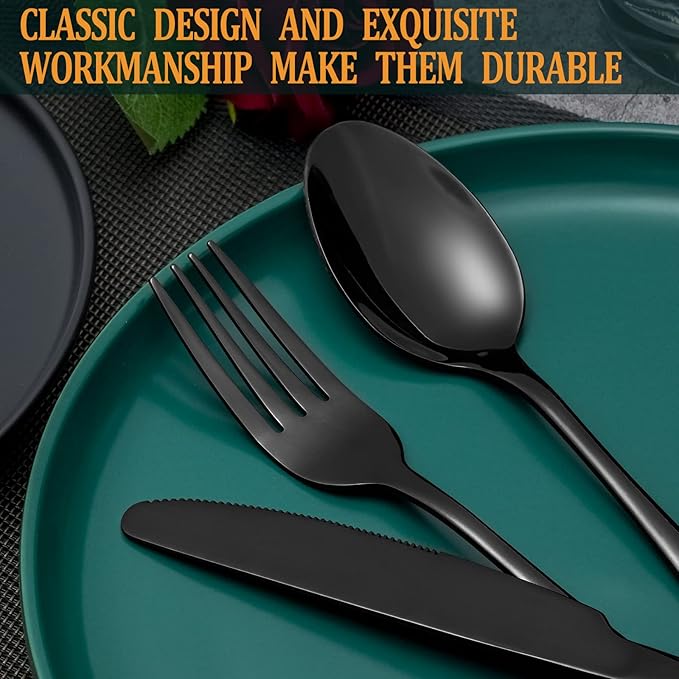 40 Pcs Black Silverware Set, Stainless Steel Flatware Set for 8, Food-Grade Cutlery Set, Mirror Polished Tableware Eating Utensils Set for Home Kitchen, Include Knife Fork Spoon Set, Dishwasher Safe