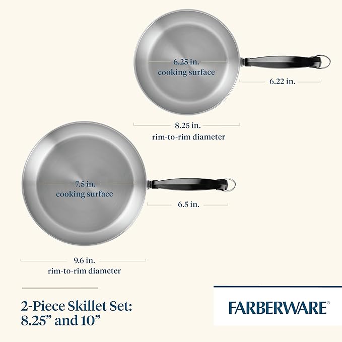 Farberware Classic Stainless Steel Frying Pan Set / Fry Pan Set / Stainless Steel Skillet Set - 8.25 Inch and 10 Inch, Silver