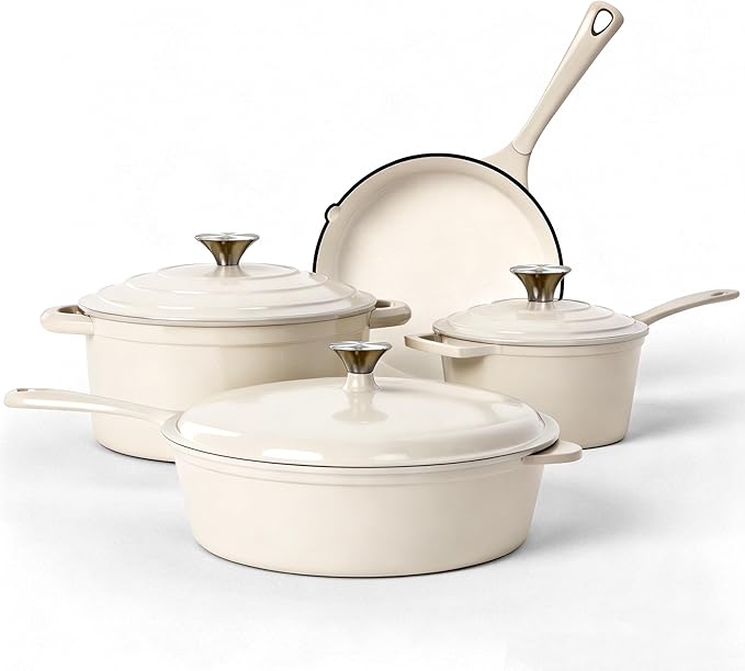 Kitchen Academy Enameled Cast Iron Cookware Sets - 7Pcs Pots and Pans Set Non Toxic, Induction Cooking Pots Set, PFOA&PFAS Free(Beige)