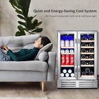 Wine and Beverage Refrigerator, 24 Inch Dual Zone Fridge with Glass Door, Built-In Cooler with Powerful and Quite Cool System/18 Bottles and 88 Cans Capacity Bverage Cooler