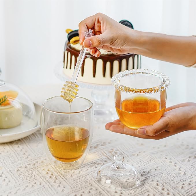 kanpura Honey Pot with Dipper and Lid, 6oz Mini Glass Honey Jar, Crystal Syrup Dispenser for Christmas Home Kitchen Decor