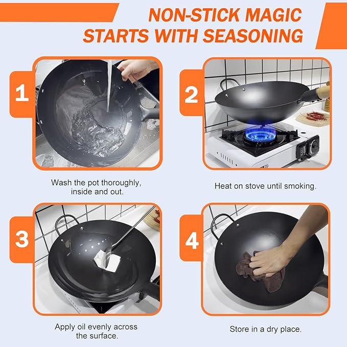 WANGYUANJI Iron Wok, 14.17 inch Traditional Round-Bottom Wok, Chef’s Professional Stir-Fry Pan with Wooden Handle, Chemical-Free Iron Wok for Gas Stoves and Round-Bottom Induction Stovetop