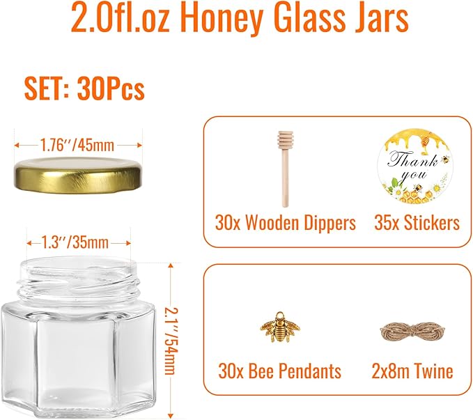BIGIVACA 2 oz Hexagon Mini Glass Honey Jars with Wood Dippers,30 Pack Small Honey Jars with Gold Lids,Bee Pendants,Jutes,35 Bee Stickers,Perfect for Baby Shower,Wedding Favors,Party Favors