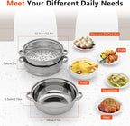 Steamer for Cooking, 3-Tier Stainless Steel Steamer Pot, 12.8 Inch Multipurpose Stackable Cooking Steam Pot Kitchen Cookware with Glass Lid for Induction, Gas, Electric Stoves