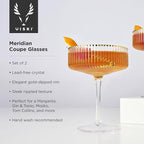 Viski Meridian Vintage Coupe Glasses, Art Deco Champagne Coupe Glassware, Gold Rimmed Stemmed Drinkware Set of 2, 11.5 oz