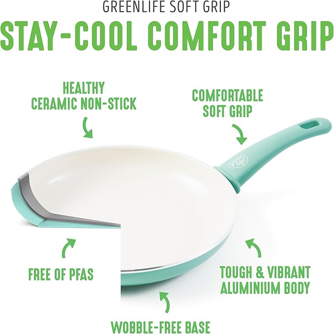 GreenLife Non Stick Fry Pan Set 7" & 10", Non-Toxic PFAS-Free Ceramic Skillet, Dishwasher & Oven Safe, Egg Omelet Frying Pan, Stay- Cool Handles, Kitchen Home Cooking Essentials, Turquoise (Pack of 2)