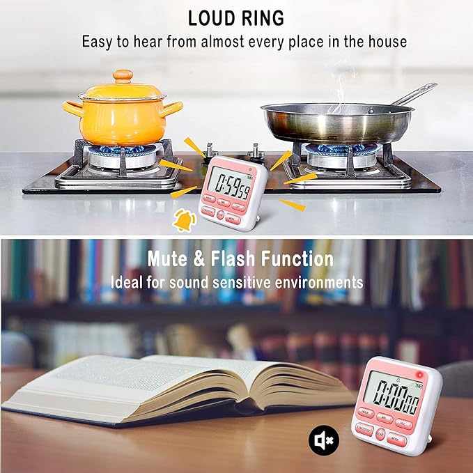 KTKUDY Digital Kitchen Timer with Mute/Loud Alarm Switch ON/Off Switch, 12-Hour Clock & Alarm, Memory Function Count Up & Count Down for Kids Teachers Cooking, Large LCD Display, Strong Magnet (Pink)