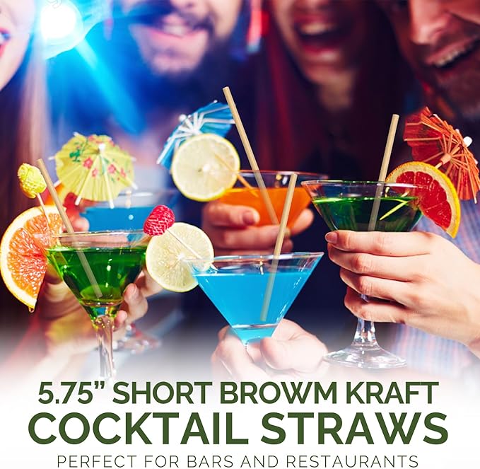 [500 Counts] Chunspak 5.75 inch Disposable Brown Kraft Short Paper Cocktail Straws & Stirring Straws - for Home, Bars and Restaurants