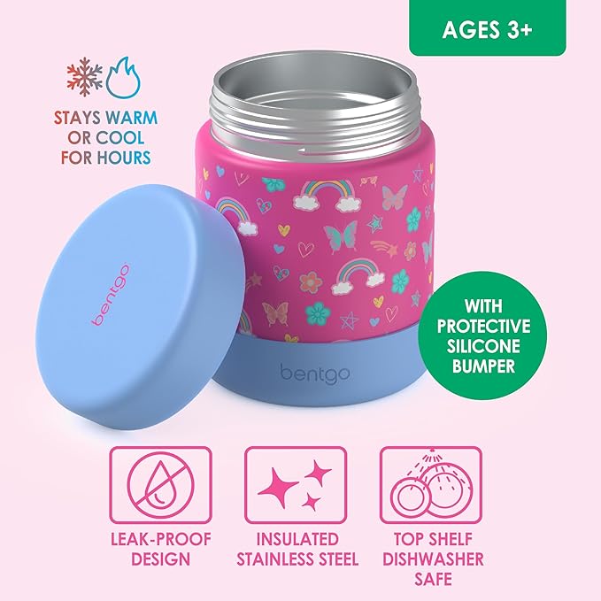 Bentgo Kids Stainless Steel Food Jar - 11oz Leak-Proof Double Insulated Hot or Cold Food Container with Removable Silicone Bumper, Dishwasher Safe, Easy Open Lid, Ages 3+ (Rainbows and Butterflies)