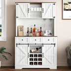 72" Farmhosue Coffee Bar Cabinet with Storage Shelves and 3 Drawers, Kitchen Hutch Storage Cabinet with Sliding Barn Door & Wine Racks & Wine Glass Holder, Bar Cabinets for Home/Living Room, White