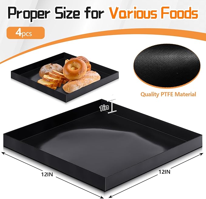 Teenyyou 4 Pcs 12 x 12 x 1 Inch PTFE Solid Oven Basket Non Stick Cooking Basket Cooking Trays for Quick Oven Accessories Baking Chips Chicken Wings Bread Heating