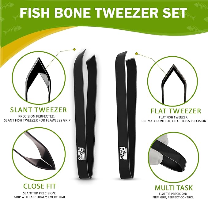 Fish Bone Tweezer Set,4.3" Stainless Steel 2 Piece, Flat and Slant tips Fish bone removal tool.