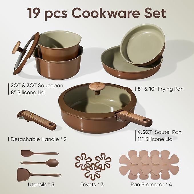 CAROTE Ceramic Cookware Set, Pots and Pans Set Non Stick with Detachable Handle, RV Kitchen Cooking Set, Induction & Oven Safe, PFAS and PFOA Free, Pistachio Green 19 Pcs
