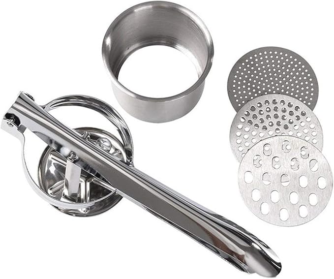 Potato Ricer Stainless Steel Masher, Large Capacity 15oz Potato Masher Kitchen Tool for Potatoes, Fruits, Vegetables and Baby Food, Juicer, Vegetable Strainer with 3 Interchangeable Ricing Discs