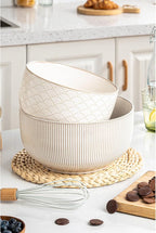 Mikiegy Ceramic Mixing Bowls Set of 2, Nesting Ceramic Embossment Stoneware Mixing Bowls for Cooking, Serving, Popcorn, Salad etc, Microwave & Dishwasher Safe, 98/145 oz, Off-White