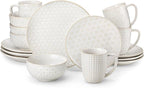 MALACASA 16 Pieces Dinnerware Sets, Modern Relief Design Plates and Bowls Sets, White Dish Set for 4, Kitchen Ceramic Dinner Plates Dishware Set, Microwave and Dishwasher Safe, Series LYDIA