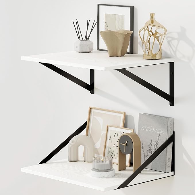 Fun Memories Floating Shelves for Wall, 12 Inch Deep Floating Shelves Set of 2, 16W x 12D Large Wall Shelf with Sturdy Metal Brackets for Living Room, Bathroom, Bedroom and Kitchen, White