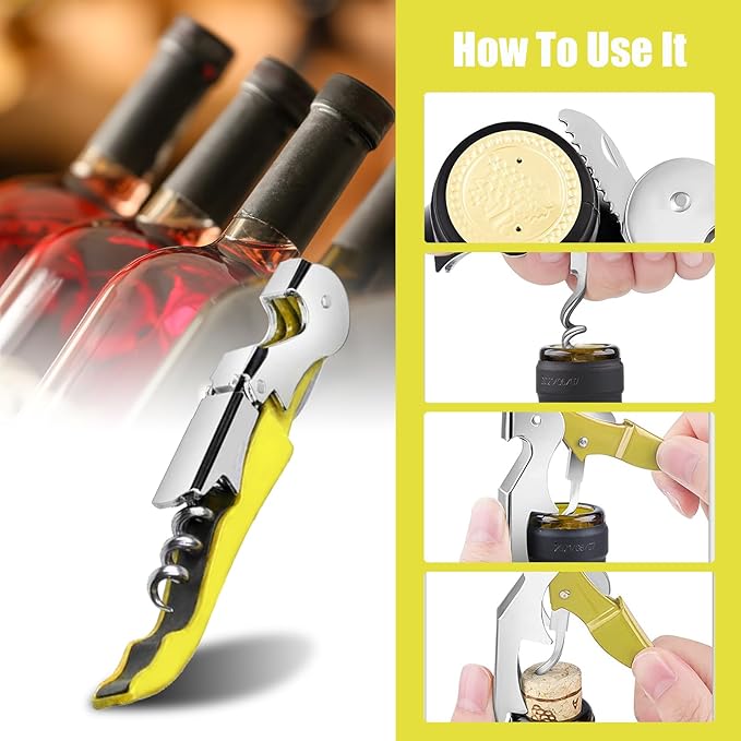 6 Pieces wine key wine opener Professional Waiter Corkscrews Stainless bottle opener Fold Serrated Foil Cutter Key for Family, Company Party,Bars,Restaurants(yellow)
