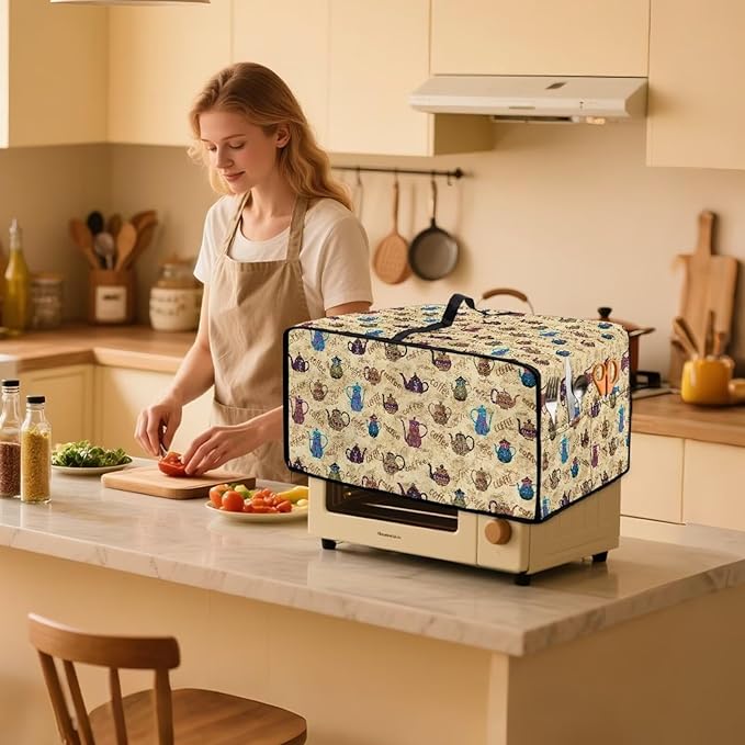 Coffee Kettle Print Toaster Oven Dust Cover, Fingerprint Protectors and Greasy Protection Machine Washable Universal Toaster Oven Protector for Kitchen, (Medium-16.1*19.71*10 inches)