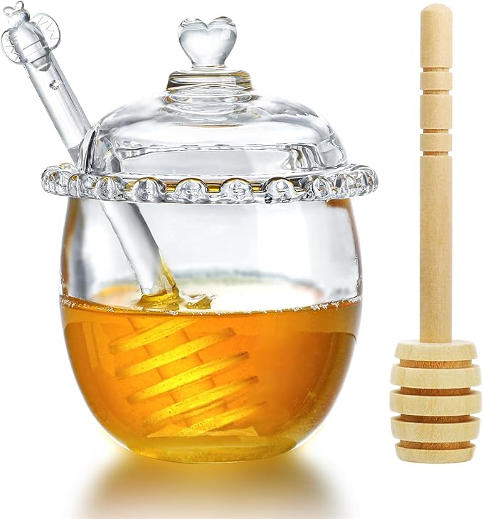kanpura Honey Pot with Dipper and Lid, 6oz Mini Glass Honey Jar, Crystal Syrup Dispenser for Christmas Home Kitchen Decor