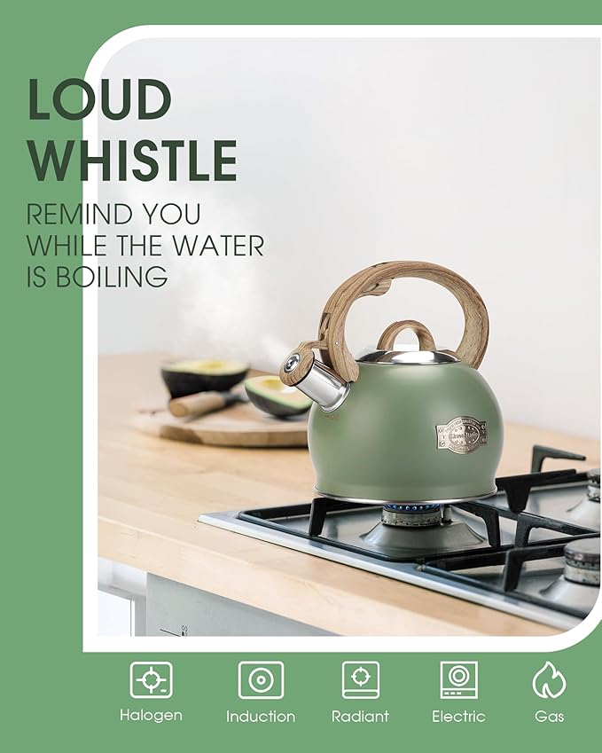 Hauce Radio Tea Kettle Stovetop, 2.1 Quart Stove Top Whistling Tea Kettle, Teapot Kettles with Food Grade Stainless Steel and Wood Pattern Folding Handle, Suitable for All Heat Sources