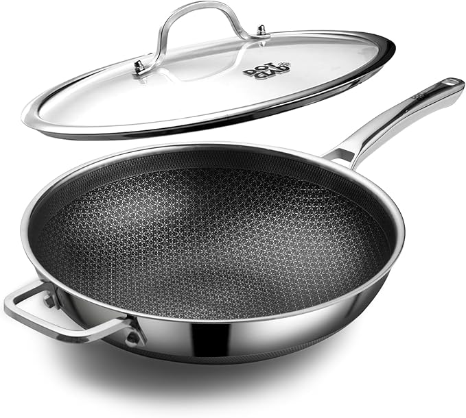DOTCLAD Wok pan,Hybrid 12 inch Wok with Lid, PFOA Free Cookware,non stick Stainless Steel Woks & Stir-fry pans Nonstick, Dishwasher and Oven Safe, Works on Induction