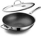 DOTCLAD Wok pan,Hybrid 13 inch Wok with Lid, PFOA Free Cookware,non stick Stainless Steel Woks & Stir-fry pans Nonstick, Dishwasher and Oven Safe, Works on Induction