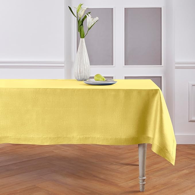 Solino Home Linen Tablecloth for Rectangle Tables 60 x 108 Inch - 100% Pure Linen Sunshine Yellow Table Cloth - Fete, Machine Washable Cloth Tablecloth