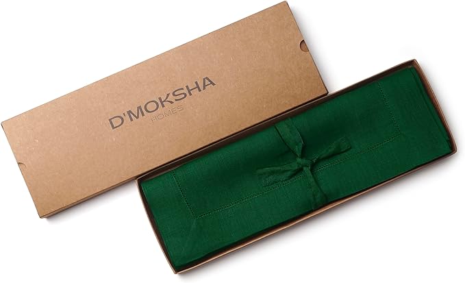 D'Moksha Homes Linen Placemats Set of 4 - Classic Hemstitch Forest Green Placemats 14 x 19 Inch - 100% Pure Linen Table Mats for Winter, Holiday, New Year - Handcrafted and Machine Washable