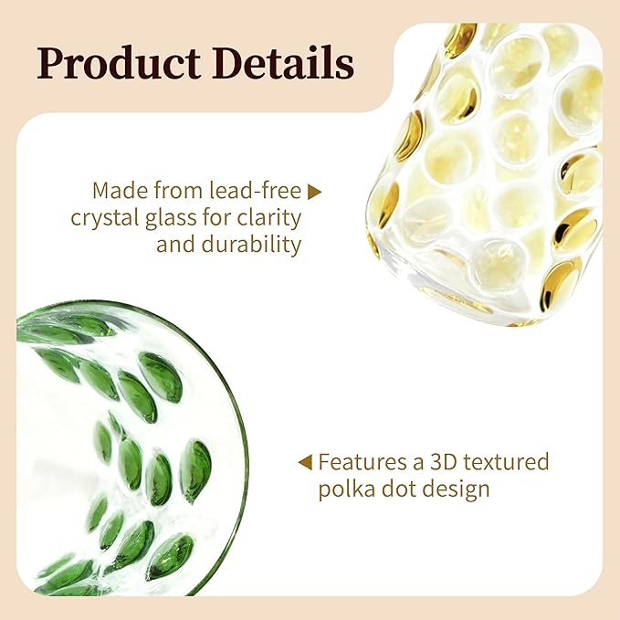 3D Polka Dot Crystal Glass Set of 2 – Hand-Colored Retro Design, Lead-Free Crystal, 16oz Capacity (Green & Yellow)