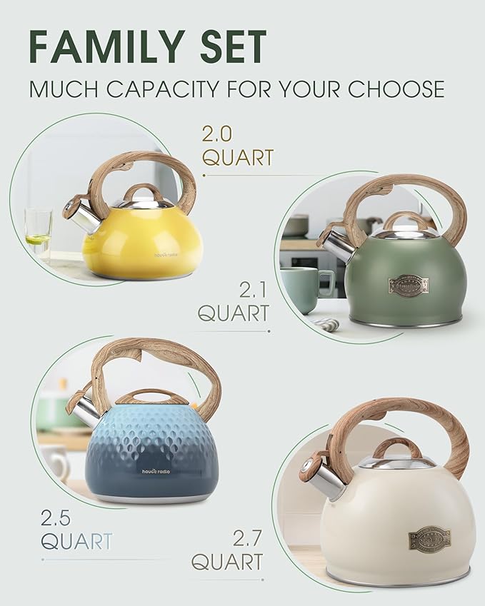 Hauce Radio Tea Kettle Stovetop, 2.1 Quart Stove Top Whistling Tea Kettle, Teapot Kettles with Food Grade Stainless Steel and Wood Pattern Folding Handle, Suitable for All Heat Sources