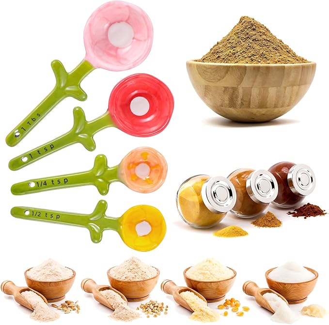 Flower Measuring Spoons Set in Pot - Ceramic Baking Measuring Spoons with Holder for Dry & Wet Ingredients - Cute Flower Figurine - 1 Tbsp, 1 Tsp, 1/2 Tsp, 1/4 Tsp - Unique Gift, Dishwasher Safe(Blue）